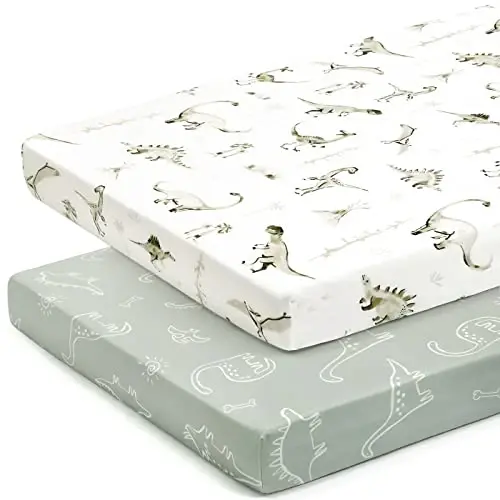GRSSDER Pack n Play Sheets Fitted 2 Pack, Stretchy Ultra Soft Pack and Play Sheets, Universal Fitted Portable/Mini Crib Mattresses Snug and Safe, Jersey Crib Sheets for Boys, Dinosaurs - 2