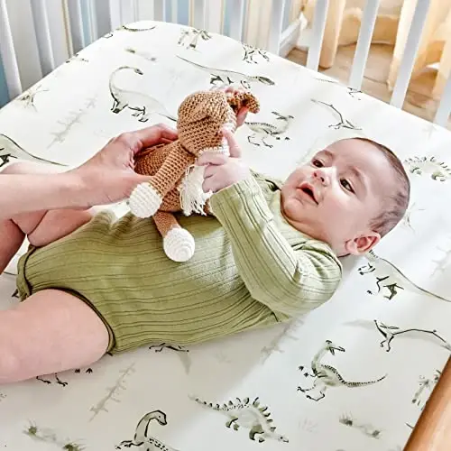 GRSSDER Pack n Play Sheets Fitted 2 Pack, Stretchy Ultra Soft Pack and Play Sheets, Universal Fitted Portable/Mini Crib Mattresses Snug and Safe, Jersey Crib Sheets for Boys, Dinosaurs - 3