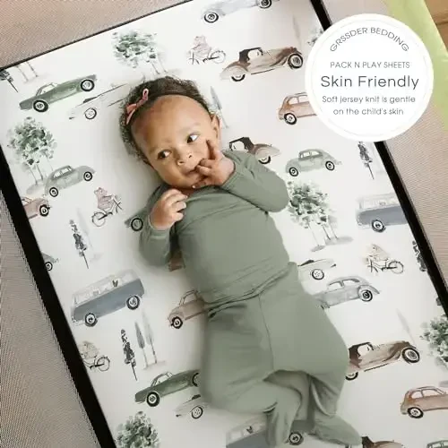 GRSSDER Pack n Play Sheets Fitted 2 Pack, Stretchy Ultra Soft Jersey Knit Pack and Play Sheets, Universal Fitted Portable/Mini Crib Mattresses Snug and Safe, Neutral Pattern of Cars Print - 3