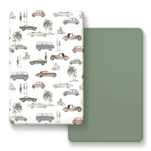 GRSSDER Pack n Play Sheets Fitted 2 Pack, Stretchy Ultra Soft Jersey Knit Pack and Play Sheets, Universal Fitted Portable/Mini Crib Mattresses Snug and Safe, Neutral Pattern of Cars Print - 1
