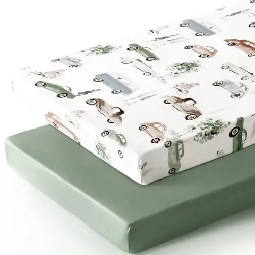 GRSSDER Pack n Play Sheets Fitted 2 Pack, Stretchy Ultra Soft Jersey Knit Pack and Play Sheets, Universal Fitted Portable/Mini Crib Mattresses Snug and Safe, Neutral Pattern of Cars Print - 2