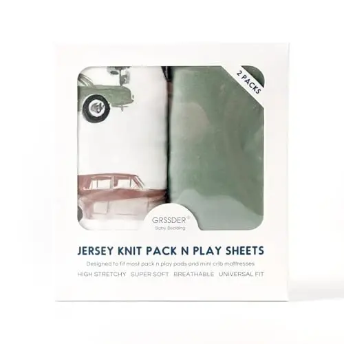 GRSSDER Pack n Play Sheets Fitted 2 Pack, Stretchy Ultra Soft Jersey Knit Pack and Play Sheets, Universal Fitted Portable/Mini Crib Mattresses Snug and Safe, Neutral Pattern of Cars Print - 4