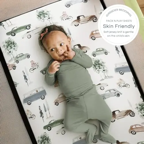 GRSSDER Pack n Play Sheets Fitted 2 Pack, Stretchy Ultra Soft Jersey Knit Pack and Play Sheets, Universal Fitted Portable/Mini Crib Mattresses Snug and Safe, Neutral Pattern of Cars Print - 3