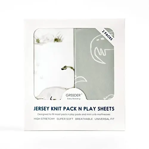 GRSSDER Pack n Play Sheets Fitted 2 Pack, Stretchy Ultra Soft Pack and Play Sheets, Universal Fitted Portable/Mini Crib Mattresses Snug and Safe, Jersey Crib Sheets for Boys, Dinosaurs - 4