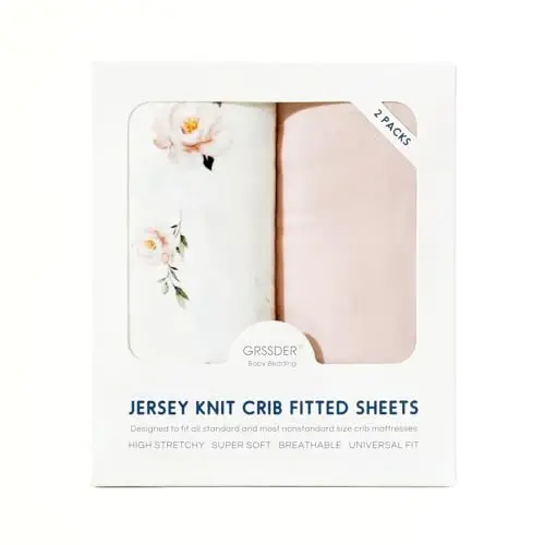 GRSSDER Stretch Ultra Soft Jersey Knit Fitted Crib Sheets Set 2 Pack, Universal Fitted Most Crib Mattress Pads Safe and Snug, Breathable Crib Fitted Sheet for Baby, Pink Rose Print - 4