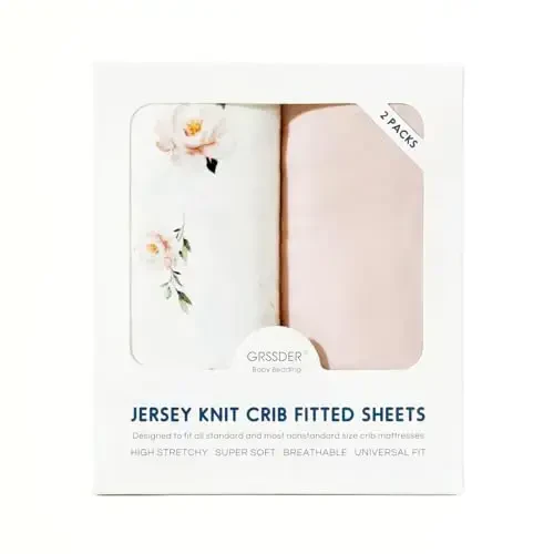 GRSSDER Stretch Ultra Soft Jersey Knit Fitted Crib Sheets Set 2 Pack, Universal Fitted Most Crib Mattress Pads Safe and Snug, Breathable Crib Fitted Sheet for Baby, Pink Rose Print - 4