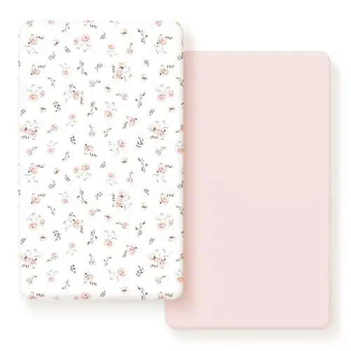 GRSSDER Stretch Ultra Soft Jersey Knit Fitted Crib Sheets Set 2 Pack, Universal Fitted Most Crib Mattress Pads Safe and Snug, Breathable Crib Fitted Sheet for Baby, Pink Rose Print - 1
