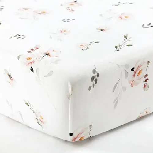 GRSSDER Stretch Ultra Soft Jersey Knit Fitted Crib Sheets Set 2 Pack, Universal Fitted Most Crib Mattress Pads Safe and Snug, Breathable Crib Fitted Sheet for Baby, Pink Rose Print - GRSSDER (1)