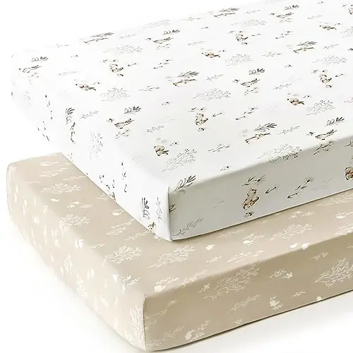 GRSSDER Stretch Ultra Soft Jersey Knit Fitted Crib Sheets Set 2 Pack，Fit All Standard Crib Mattress Pads Safe and Snug, Crib Fitted Sheet for Boys and Girls, Stylish Watercolor Rabbit Pattern - 2