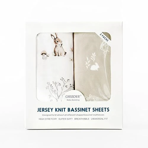 GRSSDER Stretch Ultra Soft Fitted Bassinet Sheet Set 2 Pack, Universal Fit for Bassinets Baby Cradle Moses Basket Oval Rectangle Mattress Safe and Snug, Stylish Watercolor Rabbit Pattern - 33