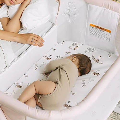 GRSSDER Stretch Ultra Soft Fitted Bassinet Sheet Set 2 Pack, Universal Fit for Bassinets Baby Cradle Moses Basket Oval Rectangle Mattress Safe and Snug, Stylish Watercolor Rabbit Pattern - 34
