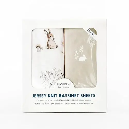 GRSSDER Stretch Ultra Soft Fitted Bassinet Sheet Set 2 Pack, Universal Fit for Bassinets Baby Cradle Moses Basket Oval Rectangle Mattress Safe and Snug, Stylish Watercolor Rabbit Pattern - 3