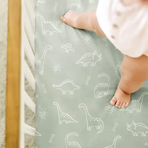 GRSSDER Stretch Ultra Soft Jersey Knit Fitted Crib Sheets Set 2 Pack，Fit All Standard Crib Mattress Pads Safe and Snug, Crib Fitted Sheet for Baby, Dinosaur - 5