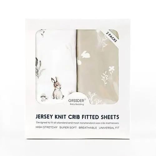 GRSSDER Stretch Ultra Soft Jersey Knit Fitted Crib Sheets Set 2 Pack，Fit All Standard Crib Mattress Pads Safe and Snug, Crib Fitted Sheet for Boys and Girls, Stylish Watercolor Rabbit Pattern - 3