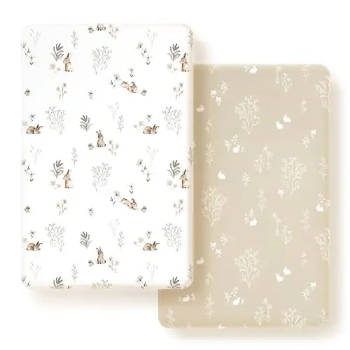 GRSSDER Stretch Ultra Soft Jersey Knit Fitted Pack n Play Sheets Set 2 Pack, Portable/Mini Crib Sheets for Boys and Girls, Stylish Watercolor Rabbit Pattern - 1
