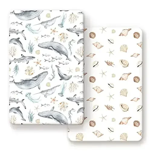 GRSSDER Stretchy Super Soft Jersey Knit Fitted Pack n Play Sheets Set 2 Pack,Portable/Mini Crib Sheets Snug and Safe,Beautiful Marine Organism for Boys and Girls - 1