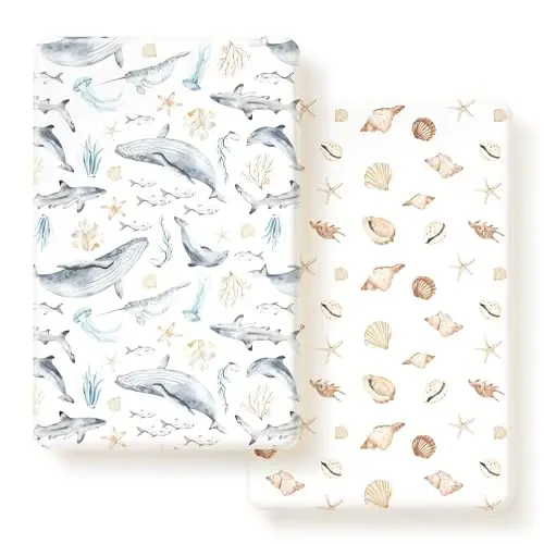 GRSSDER Stretchy Super Soft Jersey Knit Fitted Pack n Play Sheets Set 2 Pack,Portable/Mini Crib Sheets Snug and Safe,Beautiful Marine Organism for Boys and Girls - 1