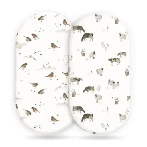 GRSSDER Stretchy Ultra Soft Bassinet Mattress Sheets 2 Pack, Universal Fitted for Baby Cradle Moses Basket Oval Rectangle Standard Pad Safe and Snug, Cute Animal Print Bassinet Sheet for Boys - 1