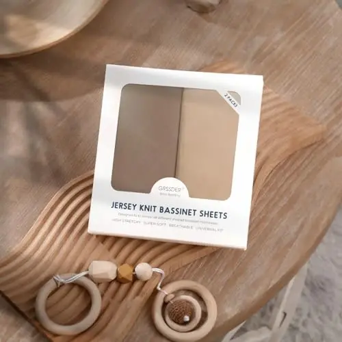 GRSSDER Stretchy Ultra Soft Fitted Bassinet Sheet 2 Pack, Universal Fit for Bassinets Baby Cradle Moses Basket Oval Rectangle Mattress Safe and Snug, Jersey Bassinet Sheets for Baby, Tan & Brown - 4