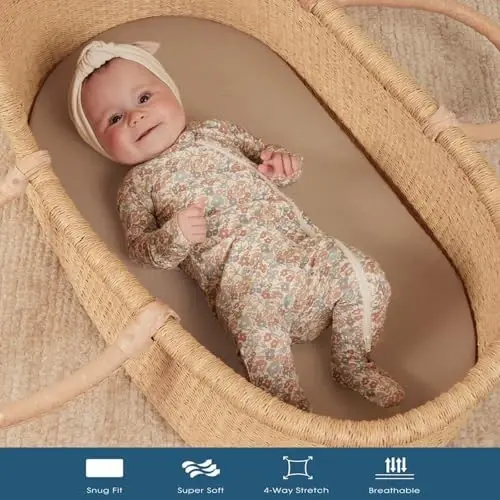 GRSSDER Stretchy Ultra Soft Fitted Bassinet Sheet 2 Pack, Universal Fit for Bassinets Baby Cradle Moses Basket Oval Rectangle Mattress Safe and Snug, Jersey Bassinet Sheets for Baby, Tan & Brown - 5