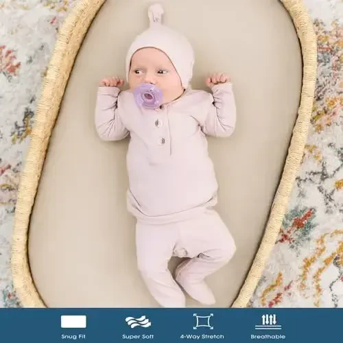 GRSSDER Stretchy Ultra Soft Fitted Bassinet Sheet 2 Pack, Universal Fit for Bassinets Baby Cradle Moses Basket Oval Rectangle Mattress Safe and Snug, Jersey Bassinet Sheets for Girls, Cream/Beige - 3