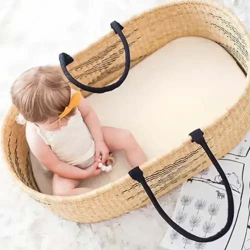 GRSSDER Stretchy Ultra Soft Fitted Bassinet Sheet 2 Pack, Universal Fit for Bassinets Baby Cradle Moses Basket Oval Rectangle Mattress Safe and Snug, Jersey Bassinet Sheets for Girls, Cream/Beige - 5