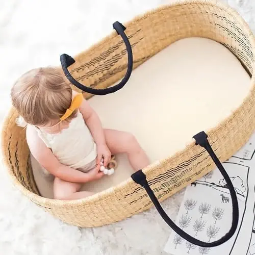 GRSSDER Stretchy Ultra Soft Fitted Bassinet Sheet 2 Pack, Universal Fit for Bassinets Baby Cradle Moses Basket Oval Rectangle Mattress Safe and Snug, Jersey Bassinet Sheets for Girls, Cream/Beige - 5
