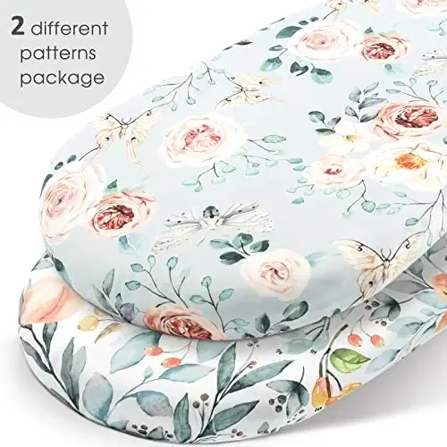 GRSSDER Stretchy Ultra Soft Fitted Bassinet Sheet Set 2 Pack for Girls Universal Fit for Baby Cradle Moses Basket Oval Rectangle Mattress, Watercolor Flowers and Fruits - 2
