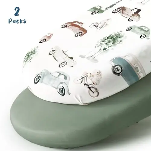 GRSSDER Stretchy Ultra Soft Fitted Bassinet Sheet Set 2 Pack, Universal Fit for Bassinets Baby Cradle Moses Basket Oval Rectangle Mattress Safe and Snug, Stylish Bassinet Sheets of Cars Print for Boys - 2