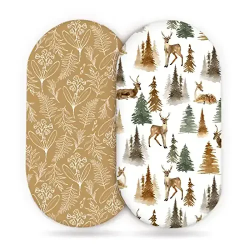 GRSSDER Stretchy Ultra Soft Fitted Bassinet Sheet Set 2 Pack, Universal Fit for Bassinets Baby Cradle Moses Basket Oval Rectangle Mattress, Stylish Jungle Deer Bassinet Sheets for Girls and Boys 