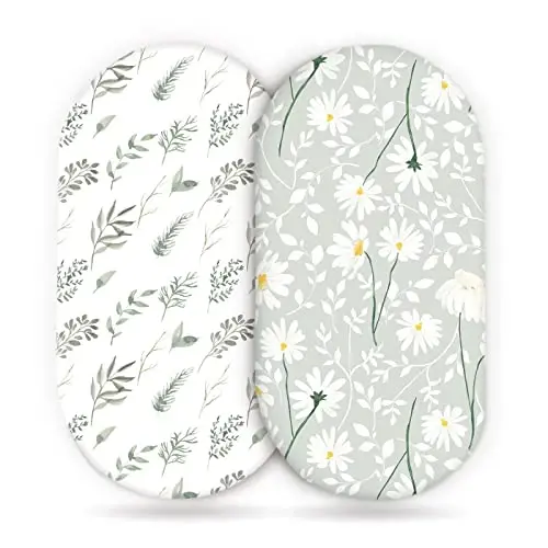 GRSSDER Stretchy Ultra Soft Fitted Bassinet Sheet Set 2 Pack, Universal Fit for Bassinets Baby Cradle Moses Basket Oval Rectangle Mattress, Watercolor Daisy Flowers Bassinet Sheets for Girls - 1
