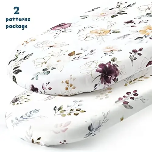 GRSSDER Stretchy Ultra Soft Fitted Bassinet Sheet Set 2 Pack, Universal Fit for Bassinets Baby Cradle Moses Basket Oval Rectangle Mattress, Watercolor Pretty Purple Flora for Girls - 2
