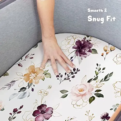 GRSSDER Stretchy Ultra Soft Fitted Bassinet Sheet Set 2 Pack, Universal Fit for Bassinets Baby Cradle Moses Basket Oval Rectangle Mattress, Watercolor Pretty Purple Flora for Girls - 3
