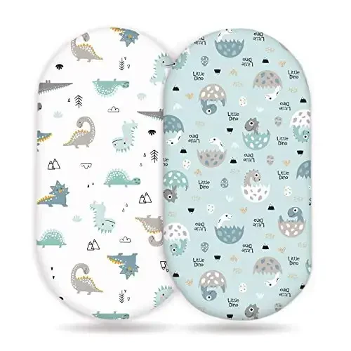 GRSSDER Stretchy Ultra Soft Fitted Bassinet Sheet Set 2 Pack, Universal Fit for Bassinets Baby Cradle Moses Basket Oval Rectangle Pad/Mattress, Happy Dinosaurs Bassinet Sheets for Girls and Boys 