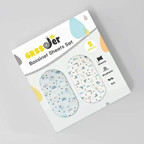 GRSSDER Stretchy Ultra Soft Fitted Bassinet Sheet Set 2 Pack, Universal Fit for Bassinets Baby Cradle Moses Basket Oval Rectangle Pad/Mattress, Happy Dinosaurs Bassinet Sheets for Girls and Boys - GRSSDER (1)