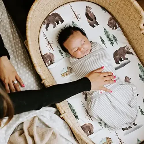 GRSSDER Stretchy Ultra Soft Fitted Bassinet Sheet Set 3 Pack, Universal Fit for Bassinets Baby Cradle Moses Basket Oval Rectangle Mattress Safe and Snug, Jungle Bear/Rainbow for Baby - 3