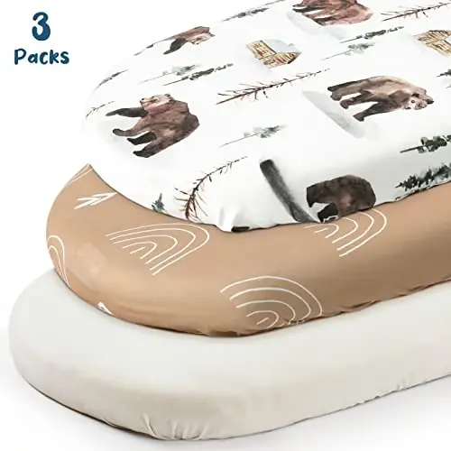 GRSSDER Stretchy Ultra Soft Fitted Bassinet Sheet Set 3 Pack, Universal Fit for Bassinets Baby Cradle Moses Basket Oval Rectangle Mattress Safe and Snug, Jungle Bear/Rainbow for Baby - GRSSDER (1)