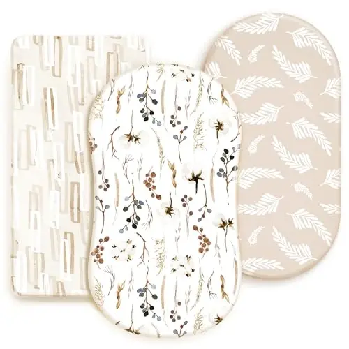 GRSSDER Stretchy Ultra Soft Fitted Bassinet Sheet Set 3 Pack, Universal Fit for Bassinets Baby Cradle Moses Basket Oval Rectangle Mattress Safe and Snug, Stylish Pretty Flora for Baby, Beige - 1