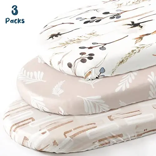 GRSSDER Stretchy Ultra Soft Fitted Bassinet Sheet Set 3 Pack, Universal Fit for Bassinets Baby Cradle Moses Basket Oval Rectangle Mattress Safe and Snug, Stylish Pretty Flora for Baby, Beige - 2