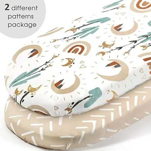 GRSSDER Stretchy Ultra Soft Fitted Bassinet Sheets Set 2 Pack, Cradle Sheet Universal Fit for Rectangle, Oval, or Hourglass Bassinet Pad/Mattress Safe and Snug, Stylish Cute Rainbow Print for Baby - 2