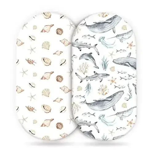 GRSSDER Stretchy Ultra Soft Fitted Bassinet Sheets Set 2 Pack, Cradle Sheet Universal Fit for Rectangle, Oval, or Hourglass Bassinet Pad/Mattress Safe and Snug, Stylish Cute Whale Sea Worl for Baby - GRSSDER