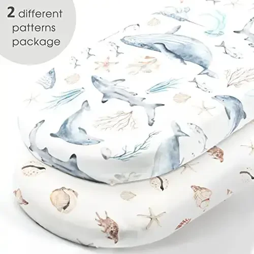 GRSSDER Stretchy Ultra Soft Fitted Bassinet Sheets Set 2 Pack, Cradle Sheet Universal Fit for Rectangle, Oval, or Hourglass Bassinet Pad/Mattress Safe and Snug, Stylish Cute Whale Sea Worl for Baby - 2