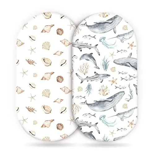 GRSSDER Stretchy Ultra Soft Fitted Bassinet Sheets Set 2 Pack, Cradle Sheet Universal Fit for Rectangle, Oval, or Hourglass Bassinet Pad/Mattress Safe and Snug, Stylish Cute Whale Sea Worl for Baby 
