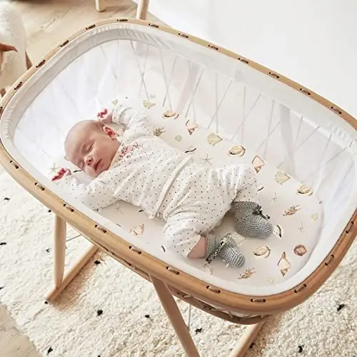GRSSDER Stretchy Ultra Soft Fitted Bassinet Sheets Set 2 Pack, Cradle Sheet Universal Fit for Rectangle, Oval, or Hourglass Bassinet Pad/Mattress Safe and Snug, Stylish Cute Whale Sea Worl for Baby - 1