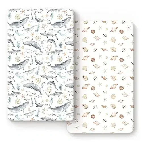 GRSSDER Stretchy Ultra Soft Jersey Knit Fitted Crib Sheets Set 2 Pack, Fit All Standard Crib Mattresses Safe and Snug, Beautiful Marine Organism for Boys and Girls 