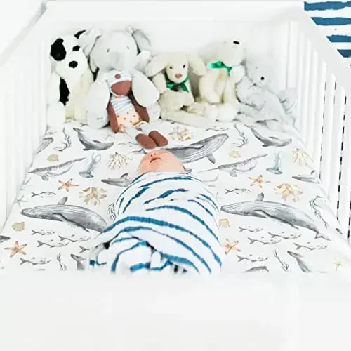 GRSSDER Stretchy Ultra Soft Jersey Knit Fitted Crib Sheets Set 2 Pack, Fit All Standard Crib Mattresses Safe and Snug, Beautiful Marine Organism for Boys and Girls - 2