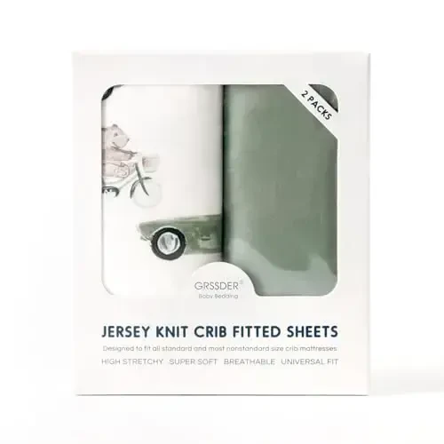 GRSSDER Stretchy Ultra Soft Jersey Knit Fitted Crib Sheets Set 2 Pack, Universal Fitted All Standard Crib Mattress Pads Safe and Snug, Crib Fitted Sheet for Baby, Neutral Pattern of Cartoon Cars Print - 4