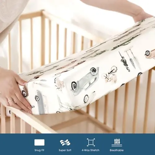 GRSSDER Stretchy Ultra Soft Jersey Knit Fitted Crib Sheets Set 2 Pack, Universal Fitted All Standard Crib Mattress Pads Safe and Snug, Crib Fitted Sheet for Baby, Neutral Pattern of Cartoon Cars Print - 1