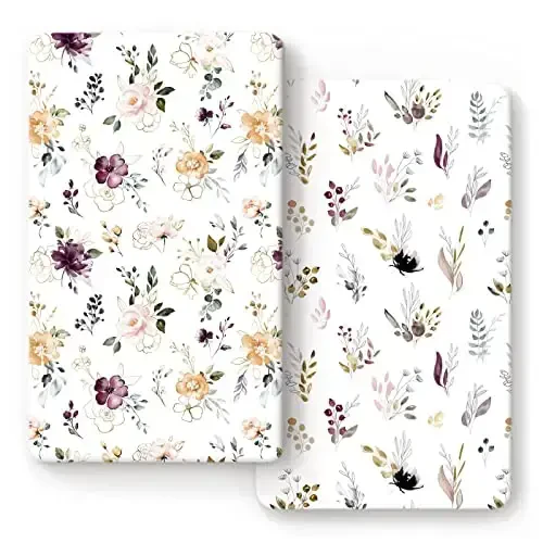 GRSSDER Stretchy Ultra Soft Jersey Knit Fitted Crib Sheets Set 2 Pack，Fits All Standard Crib Mattress Pads Safe and Snug, Pretty Purple Flora Botanical for Baby Girls 
