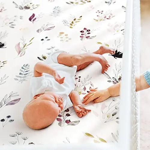 GRSSDER Stretchy Ultra Soft Jersey Knit Fitted Crib Sheets Set 2 Pack，Fits All Standard Crib Mattress Pads Safe and Snug, Pretty Purple Flora Botanical for Baby Girls - 3